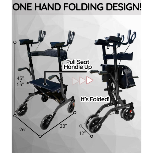 Elbow Supporting Upright Rolling Walker, Healthy Stand Up Position with Seating and Double Handbrakes, Allowed on Airplanes Cruise Ships, For Seniors