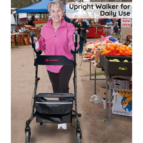 Elbow Supporting Upright Rolling Walker, Healthy Stand Up Position with Seating and Double Handbrakes, Allowed on Airplanes Cruise Ships, For Seniors