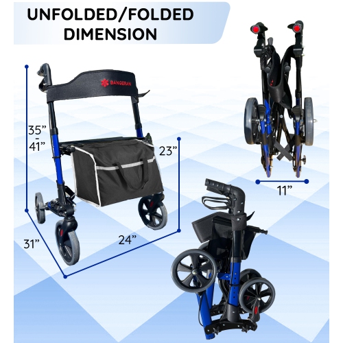 Ultra Light Rollator Walker with Seat, Portable Restful Mobility Solutions with 20cm Large Wheels and Storage Bag, Side Cane Storage, Dual Brake