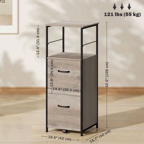 Vinsetto Vertical Filing Cabinet, 42.5" Tall File Cabinet with 2 Drawers, Open Shelf, Hanging Bars for Letter and A4 Size, Industrial Printer Stand