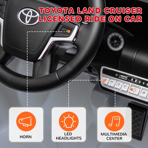 Qaba 12V Electric Car for Kids, Toyota LAND CRUISER Licensed Kids Car with Parent Remote Control, Four Wheel Spring Suspension, Soft Start, LED