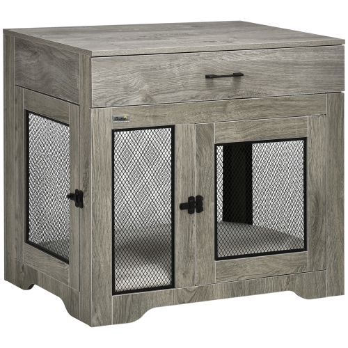 PawHut Dog Crate Furniture with Cushion, 2 Doors, Dog Kennel End Table with Storage, Indoor Dog Cage for Small Medium Dogs, Grey