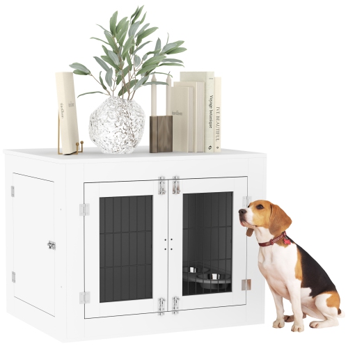 PawHut Dog Crate Furniture with 360° Rotatable Removable Dog Bowls, Dog Kennel Side End Table with Two Doors, for Medium Dogs, 31.5" x 24" x 25",