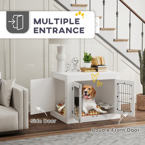 PawHut – Meuble pour cage de chien 31,5&nbsp;po avec bols amovibles et rotatifs à 360°, table d'extrémité avec deux portes, pour chiens moyens, 31,5