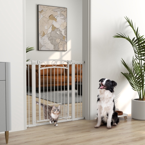 PawHut 30"-41" Wide Dog Gate, 38" Extra Tall Pet Gate with Cat Door, Includes 2.8" and 5.5" Extension Kits, Pressure Mounted Stair Gate for Doorways,