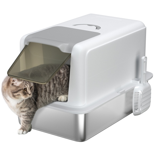 PawHut Stainless Steel Cat Litter Box with Removable Lid, Extra Large Litter Box with Scoop, Metal Litter Box for Small to Large Cats, Easy to Clean,