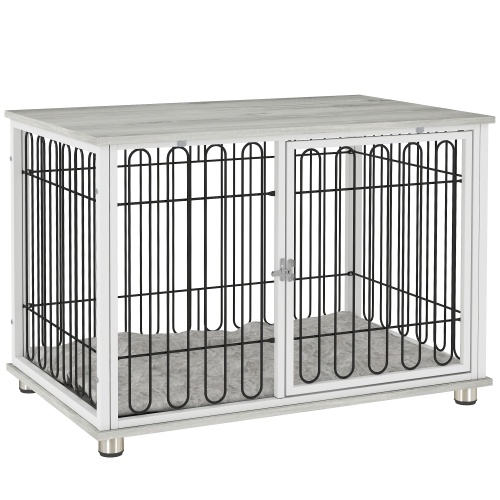 PawHut Dog Crate Furniture with Washable Cushion, Indoor Dog Kennel End Table with Adjustable Feet for Medium Dogs, Grey