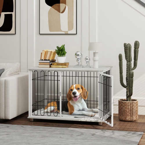 PawHut 35in Dog Crate Furniture with Washable Cushion, Indoor Dog Kennel End Table with Adjustable Feet for Medium Dogs, Grey