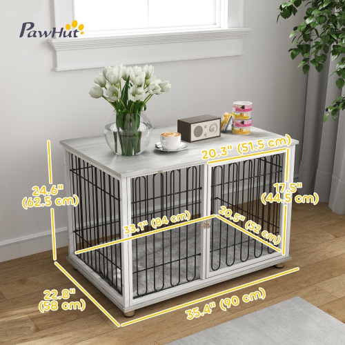 PawHut 35in Dog Crate Furniture with Washable Cushion, Indoor Dog Kennel End Table with Adjustable Feet for Medium Dogs, Grey