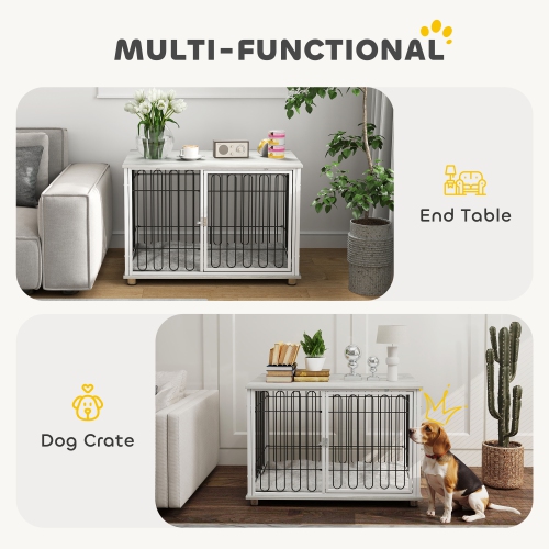PawHut 35in Dog Crate Furniture with Washable Cushion, Indoor Dog Kennel End Table with Adjustable Feet for Medium Dogs, Grey
