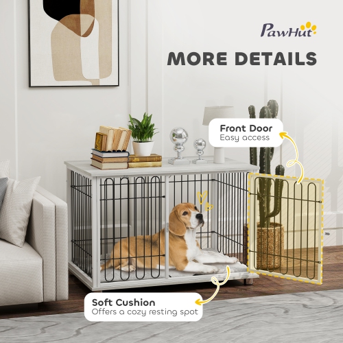 PawHut 35in Dog Crate Furniture with Washable Cushion, Indoor Dog Kennel End Table with Adjustable Feet for Medium Dogs, Grey