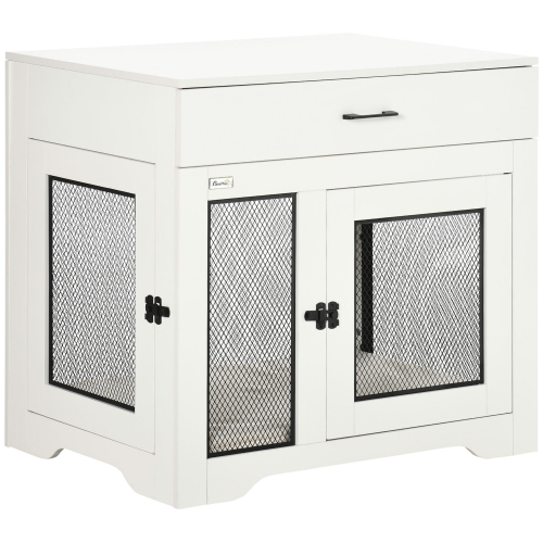 PawHut Dog Crate Furniture with Cushion, 2 Doors, Dog Kennel End Table with Storage, Indoor Dog Cage for Small Medium Dogs, White