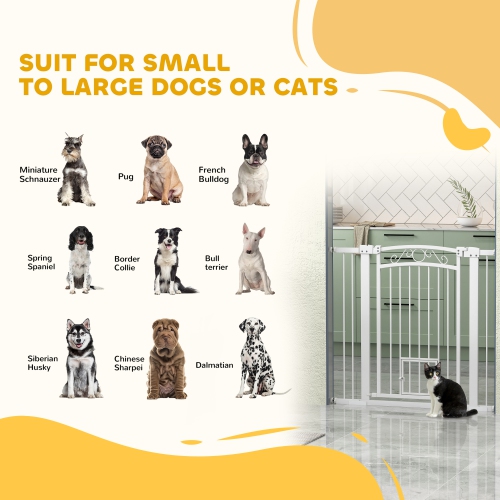 PawHut 30"-41" Wide Dog Gate, 38" Tall Walk Through Pet Gate with Small Pet Door, Auto Close, for Doorways, House, Stair, 2 Extension Kits, Pressure