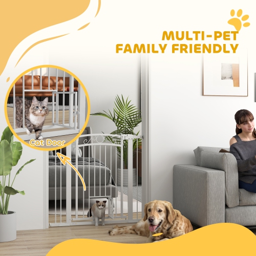 PawHut 30"-41" Wide Dog Gate, 38" Tall Walk Through Pet Gate with Small Pet Door, Auto Close, for Doorways, House, Stair, 2 Extension Kits, Pressure