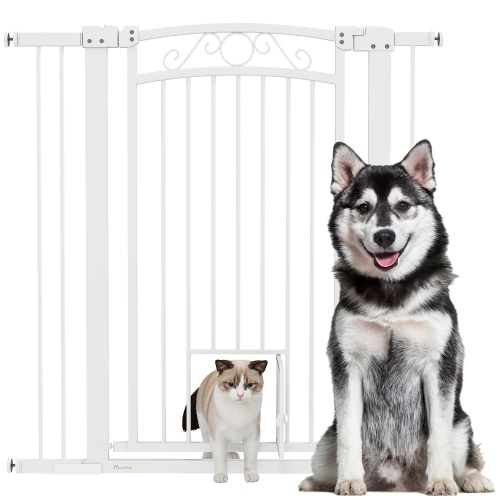 PawHut 30"-41" Wide Dog Gate, 42" Tall Walk Through Pet Gate with Small Pet Door, Auto Close, for Doorways, House, Stair, 2 Extension Kits, Pressure