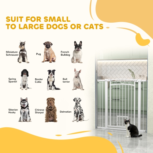 PawHut 30"-41" Wide Dog Gate, 42" Tall Walk Through Pet Gate with Small Pet Door, Auto Close, for Doorways, House, Stair, 2 Extension Kits, Pressure