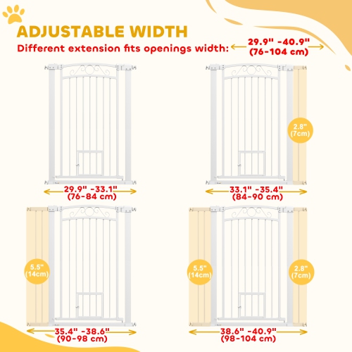 PawHut 30"-41" Wide Dog Gate, 42" Tall Walk Through Pet Gate with Small Pet Door, Auto Close, for Doorways, House, Stair, 2 Extension Kits, Pressure
