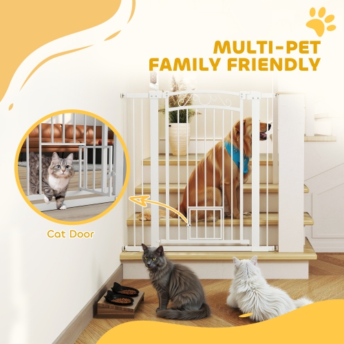 PawHut 30"-41" Wide Dog Gate, 42" Tall Walk Through Pet Gate with Small Pet Door, Auto Close, for Doorways, House, Stair, 2 Extension Kits, Pressure