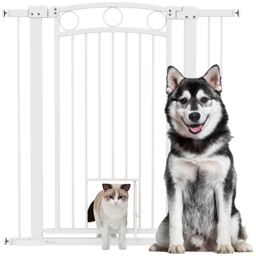 PawHut 30"-41" Wide Dog Gate, 42" Extra Tall Pet Gate with Cat Door, Includes 2.8" and 5.5" Extension Kits, Pressure Mounted Stair Gate for Doorways,