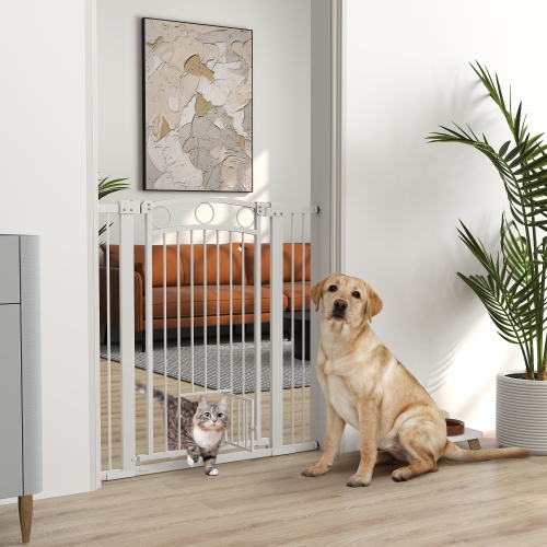 PawHut 30"-41" Wide Dog Gate, 42" Extra Tall Pet Gate with Cat Door, Includes 2.8" and 5.5" Extension Kits, Pressure Mounted Stair Gate for Doorways,