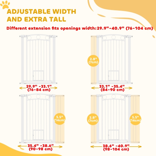 PawHut 30"-41" Wide Dog Gate, 42" Extra Tall Pet Gate with Cat Door, Includes 2.8" and 5.5" Extension Kits, Pressure Mounted Stair Gate for Doorways,