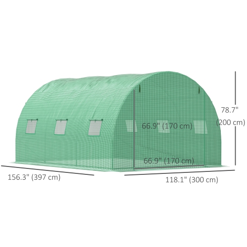 Tente extérieure à serre en polytunnel Outsunny de 13 x 10 x 6,6 pi avec porte enroulable à fermeture à glissière et 6 fenêtres en filet, vert