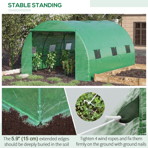 Tente extérieure à serre en polytunnel Outsunny de 13 x 10 x 6,6 pi avec porte enroulable à fermeture à glissière et 6 fenêtres en filet, vert
