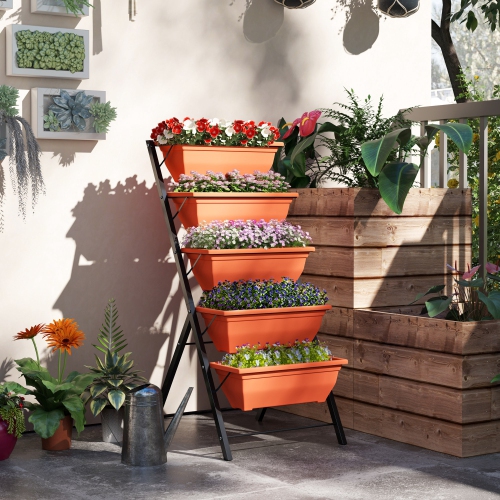 Outsunny 5-Tier Raised Garden Bed with 5 Planter Boxes, Outdoor Plant Stand Grow Containers with Leaking Holes for Balcony Patio Outdoor, Red