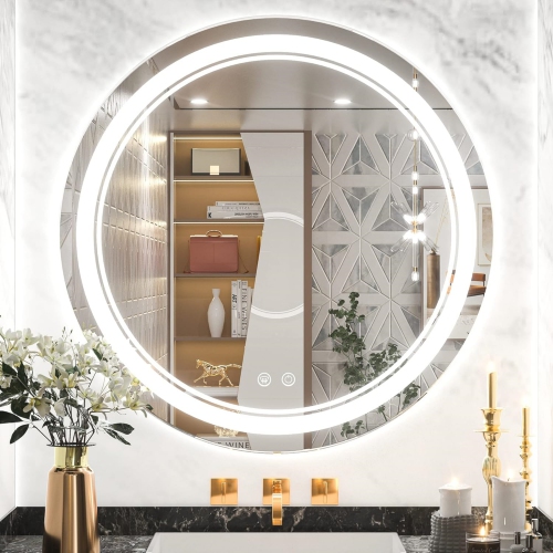 NIERBO  28 Inch Round Led Mirror for Bathroom Vanity Lighted Mirror Dimmable Lights 3 Colors Anti-Fog Ip54 Waterproof Circle Makeup Wall Mounted Mirror