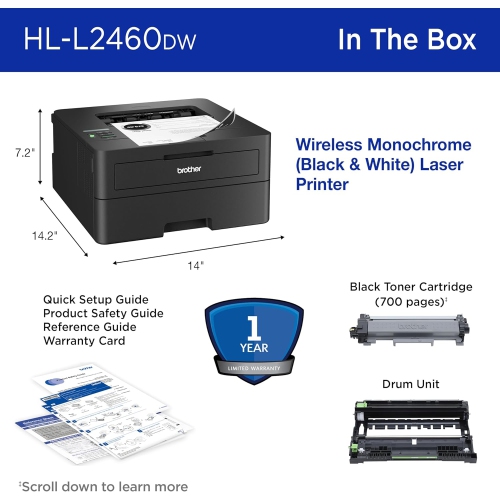 Open Box - Brother HL-L2460DW Wireless Compact Monochrome Laser Printer with Duplex, Mobile Printing, Black & White Output