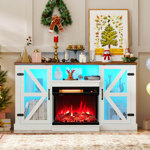 Meuble pour téléviseur de 58&nbsp;po avec foyer électrique en verre de 23&nbsp;po à 3 côtés de Costway avec 20 lumières DEL de couleur