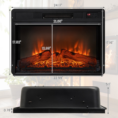 Costway 23" Electric Fireplace Insert, 1400W Recessed Fireplace Heater with Remote Control, 6H Timer, Electric Fireplace for Bedroom Home Office