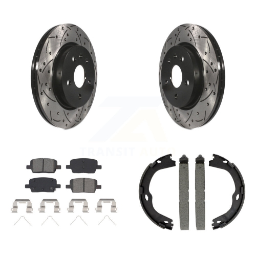 TRANSIT AUTO  Rear Disc Drilled & Slotted Rotors Semi-Metallic Pads And Parking Brake Shoes Kit for Kds-101325