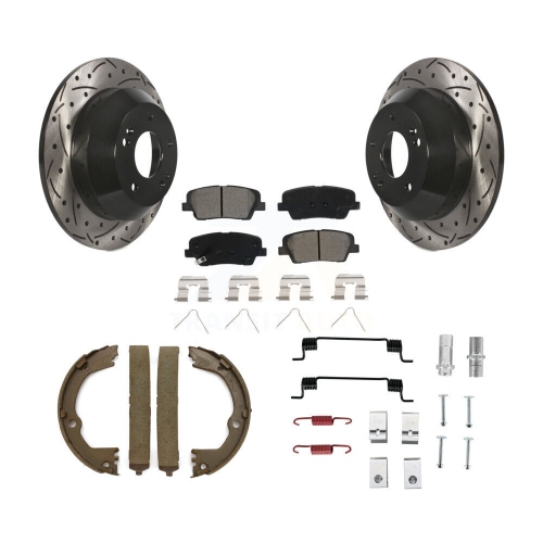 TRANSIT AUTO  Rear Disc Drilled & Slotted Rotors Semi-Metallic Pads Parking Shoes Hardware Kit for Fe Kds-101401