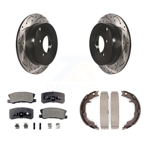 TRANSIT AUTO  Rear Disc Drilled & Slotted Rotors Semi-Metallic Pads And Parking Brake Shoes Kit for Kdf-101554