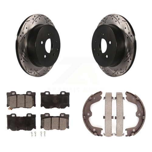 TRANSIT AUTO  Rear Disc Drilled & Slotted Rotors Semi-Metallic Pads Parking Shoes Kit for Infiniti Q60 Kdf-101455