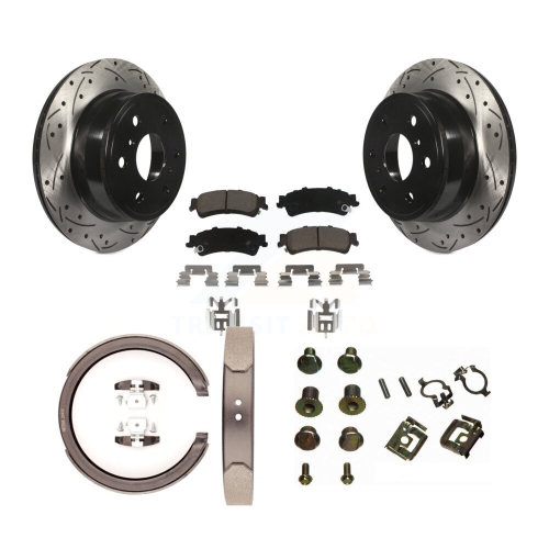 Rear Disc Drilled & Slotted Rotors Ceramic Pads Parking Brake Shoes And Hardware Kit For KDC-101555
