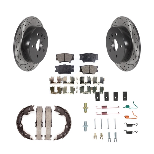 Image 1 of 10.. Rear Disc Drilled & Slotted Rotors Ceramic Pads Parking Brake Shoes And Hardware Kit For KDT-101732
