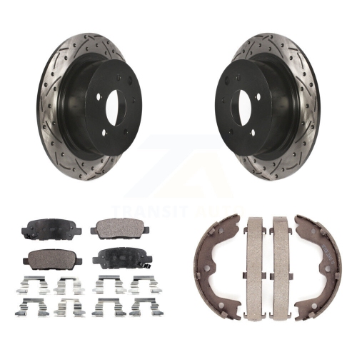 Image 1 of 10.. Rear Disc Drilled & Slotted Rotors Ceramic Pads Parking Brake Shoes Kit For Nissan Altima KDT-101502
