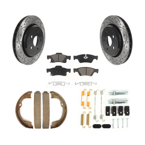 Image 1 of 10.. Rear Disc Drilled & Slotted Rotors Ceramic Pads Parking Brake Shoes And Hardware Kit For KDC-101660