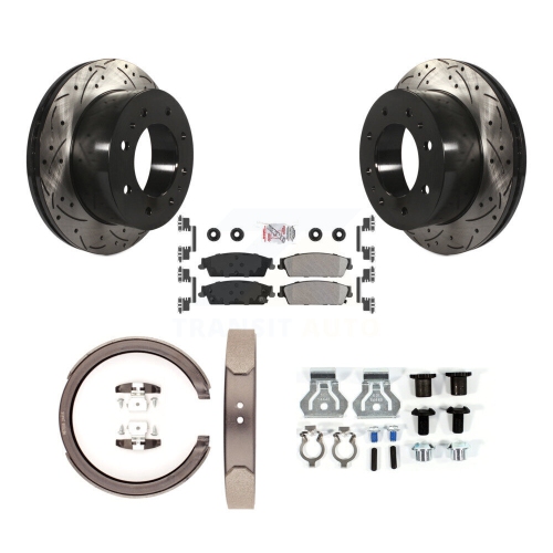 Image 1 of 10.. Rear Disc Drilled & Slotted Rotors Semi-Metallic Pads Parking Shoes And Hardware Kit For KDA-103787
