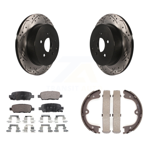 Image 1 of 10.. Rear Disc Drilled & Slotted Rotors Ceramic Pads Parking Shoes Kit For Nissan Murano QX60 KDT-101570
