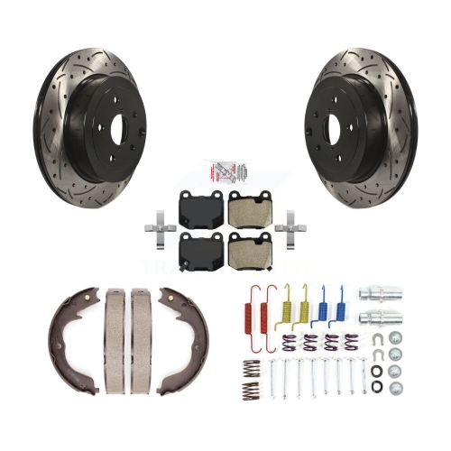 Image 1 of 10.. Rear Disc Drilled & Slotted Rotors Semi-Metallic Pads Parking Shoes And Hardware Kit For KDA-103734