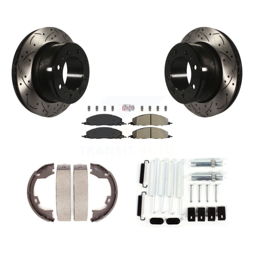 Image 1 of 10.. Rear Disc Drilled & Slotted Rotors Semi-Metallic Pads Parking Shoes And Hardware Kit For KDA-103842