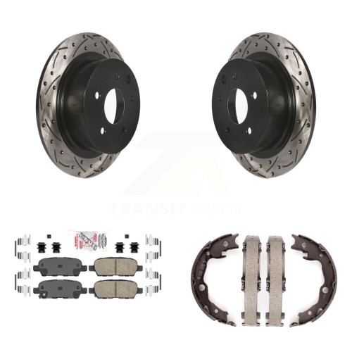 Image 1 of 10.. Rear Disc Drilled & Slotted Rotors Ceramic Pads Parking Brake Shoes Kit For Nissan Sentra KDA-103532