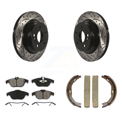 Image 1 of 10.. Rear Disc Drilled & Slotted Rotors Semi-Metallic Pads And Parking Brake Shoes Kit For KDS-101237