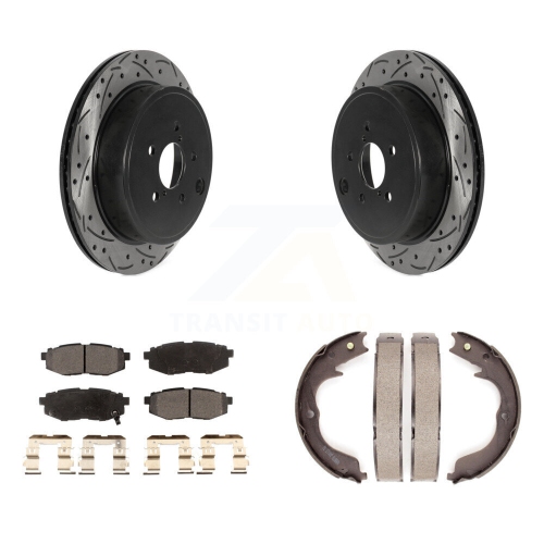 Image 1 of 10.. Rear Disc Drilled & Slotted Rotors Semi-Metallic Pads Parking Shoes Kit For Subaru Legacy KDF-101532
