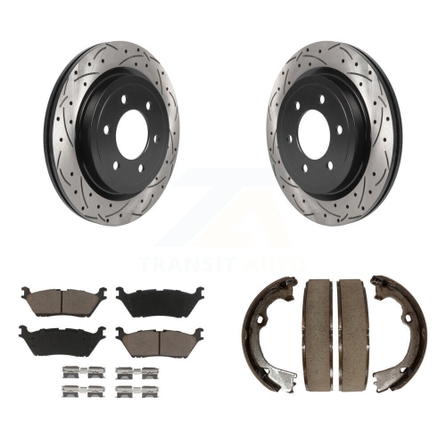 TRANSIT AUTO  Rear Disc Drilled & Slotted Rotors Ceramic Pads Parking Brake Shoes Kit for Ford F-150 Kdc-101351