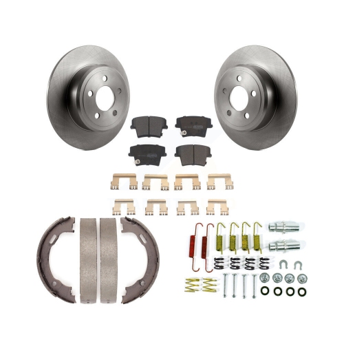 Image 1 of 8.. Rear Disc Rotors Semi-Metallic Pads Parking Brake Shoes & Hardware Kit For Dodge Avenger K8F-104936