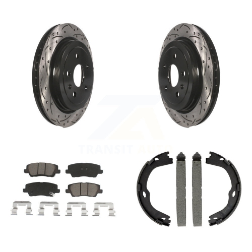 Image 1 of 10.. Rear Disc Drilled & Slotted Rotors Ceramic Pads Parking Brake Shoes Kit For Cadillac CTS KDC-101305